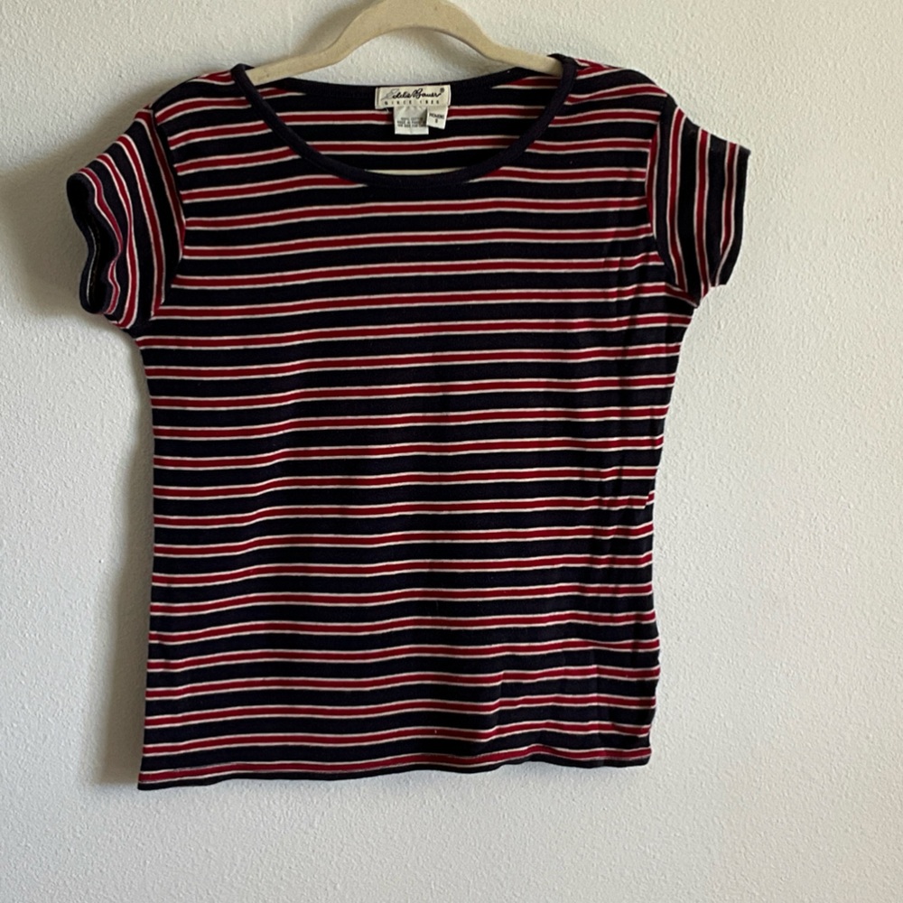 Vintage Eddie Bauer Navy, Red & Tan Striped Top Tee Small